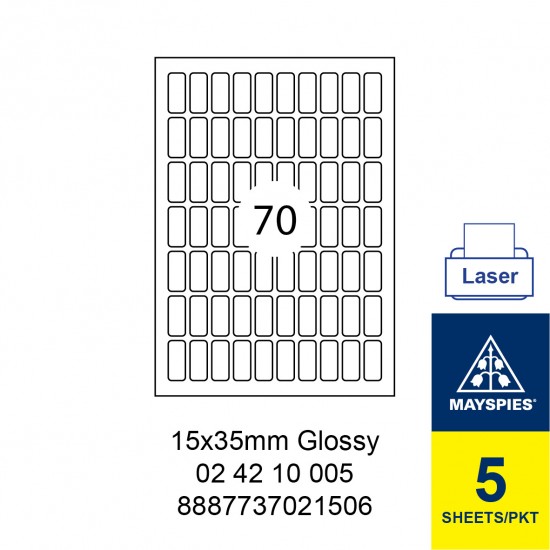 MAYSPIES 02 42 10 005 PREMIUM COLOR LASER LABEL / 5 SHEETS/PKT WHITE GLOSSY 15X35MM